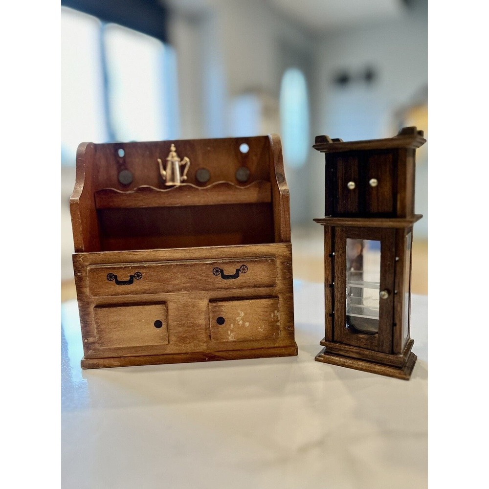 Vintage Dollhouse Miniatures Wood Hutch Cabinet 1:12 Lot (2)